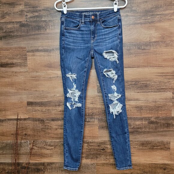 American Eagle Jeans 2 L Next Level Stretch Jegging Low Rise Ripped Medium Dark - Picture 1 of 12